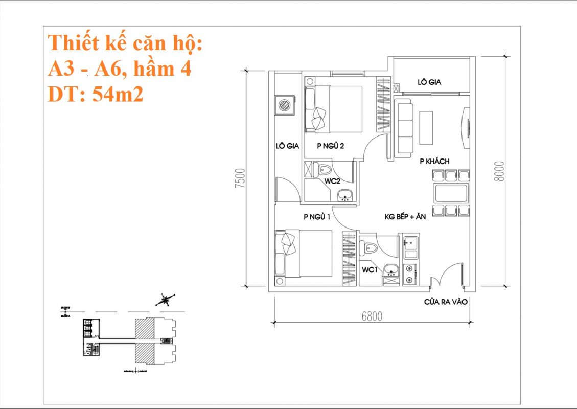 Thiết kế căn hộ A3 - A6, 54m2, hầm 4