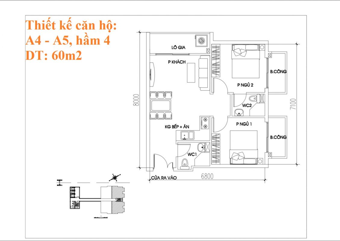 Thiết kế căn hộ A4 - A5, 60m2, hầm 4