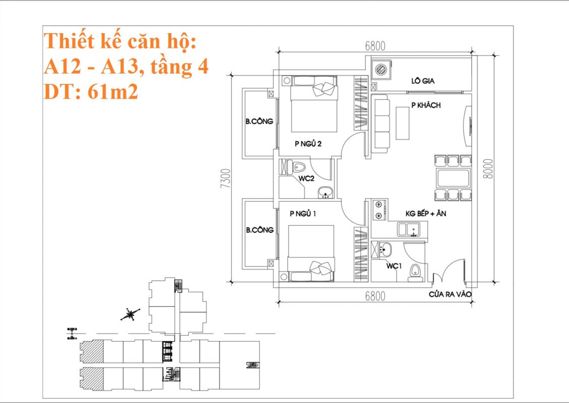 Thiết kế căn hộ A12 - A13, 61m2, tầng 4
