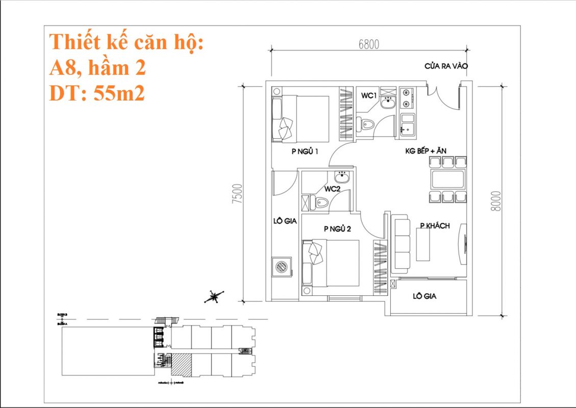 Thiết kế căn hộ A8, 55m2, hầm 2