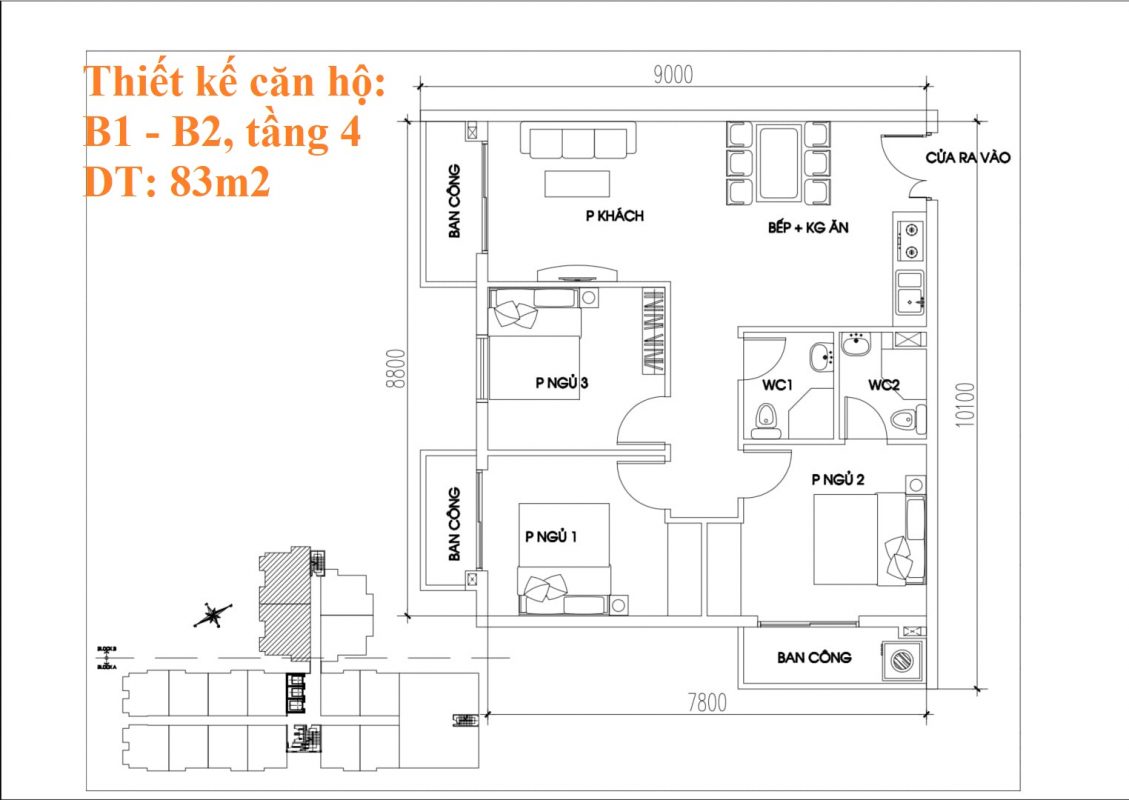 Thiết kế căn hộ B1 - B2, 83m2, tầng 4